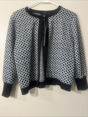 NWT Talbots Open Front Cardigan Sweater Black White Block Pattern Sz M
